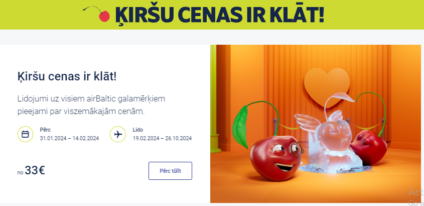 airBaltic izziņo "ķiršpārdošanu"! Lidojumi no Rīgas sākot no €33!
