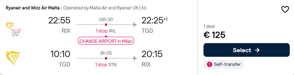 Lētas aviobiļetes no Rīgas uz Podgoricu Melnkalnē